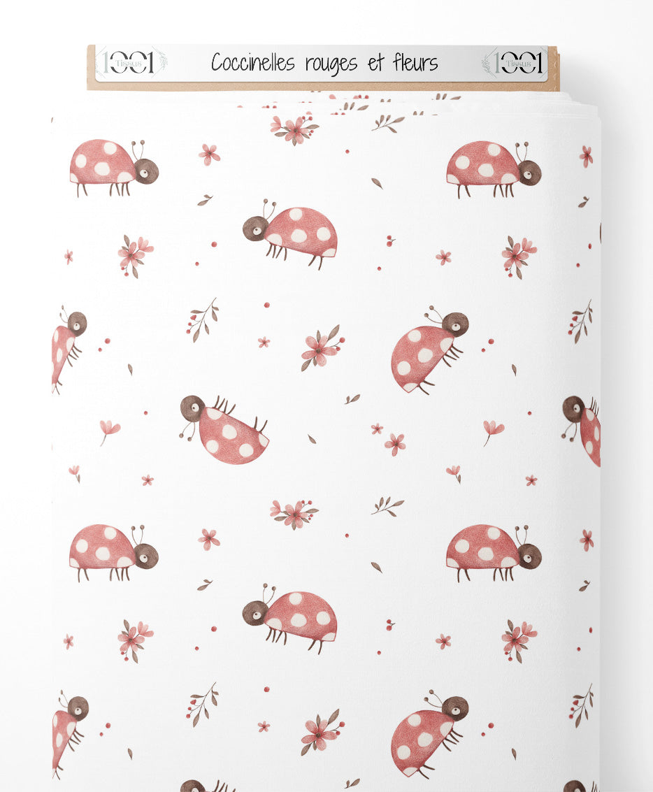 Tissu - Coccinelles rouges et fleurs