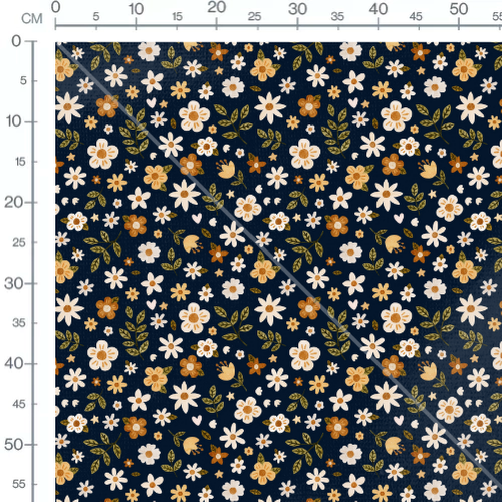 Tissu - Fleurs et feuilles sur fond bleu