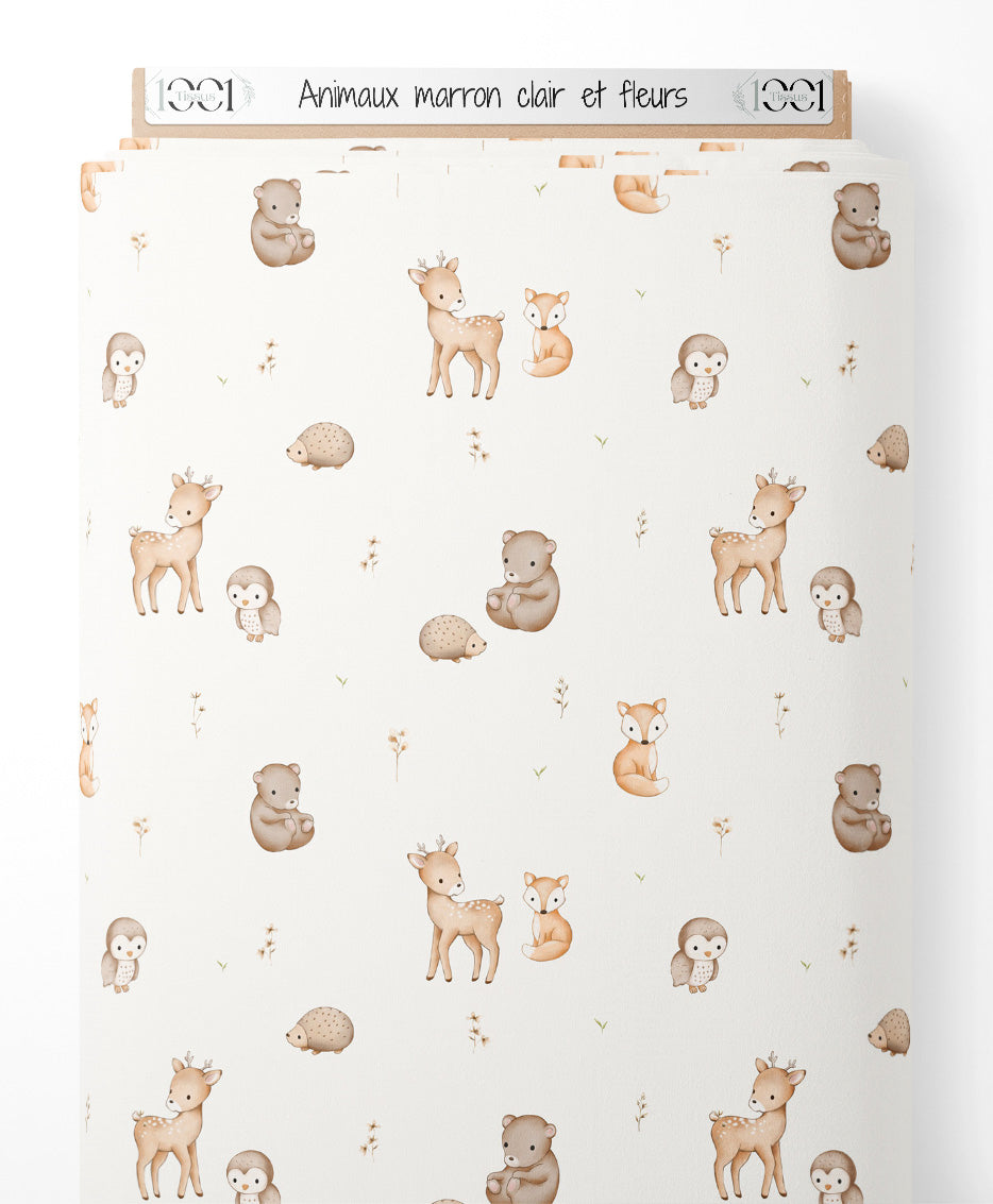 Tissu - Animaux marron clair et fleurs
