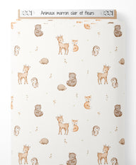 Tissu - Animaux marron clair et fleurs