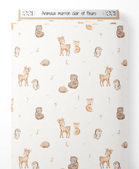 Tissu - Animaux marron clair et fleurs
