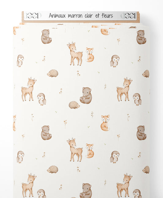 Tissu - Animaux marron clair et fleurs