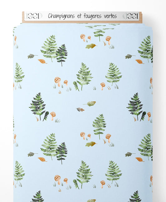 Tissu - Champignons et fougères vertes