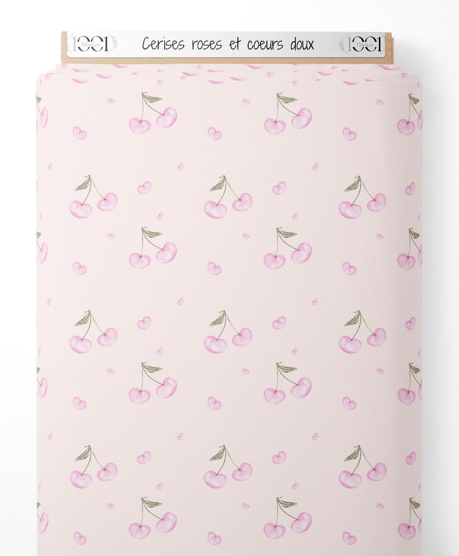 Tissu - Cerises roses et cœurs doux