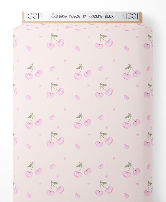 Tissu - Cerises roses et cœurs doux