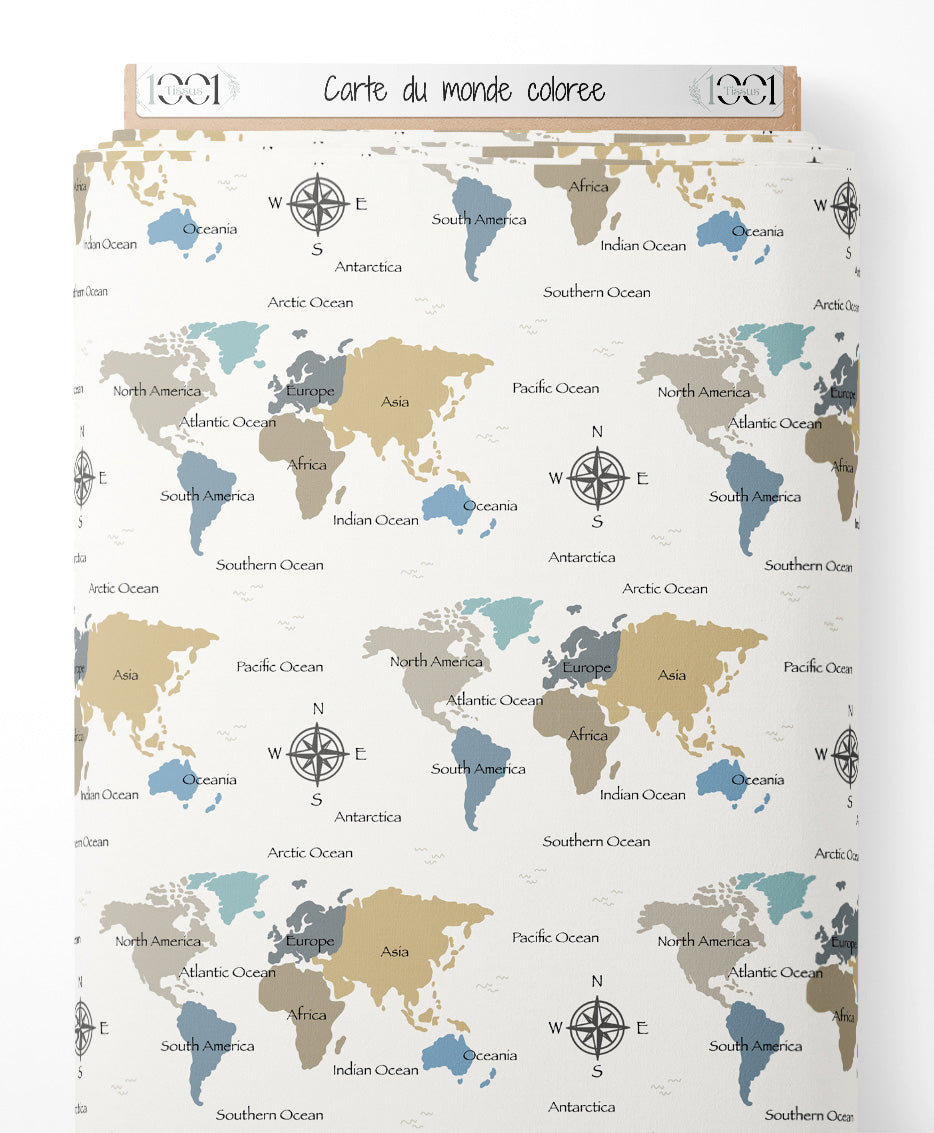 Tissu - Carte du monde colorée