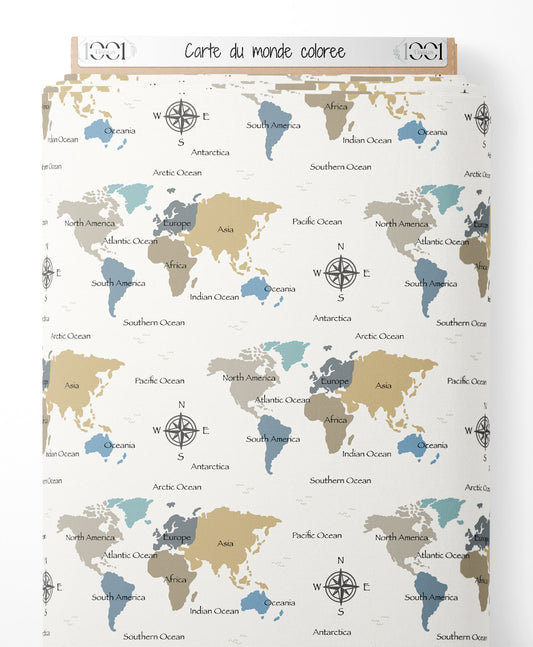 Tissu - Carte du monde colorée