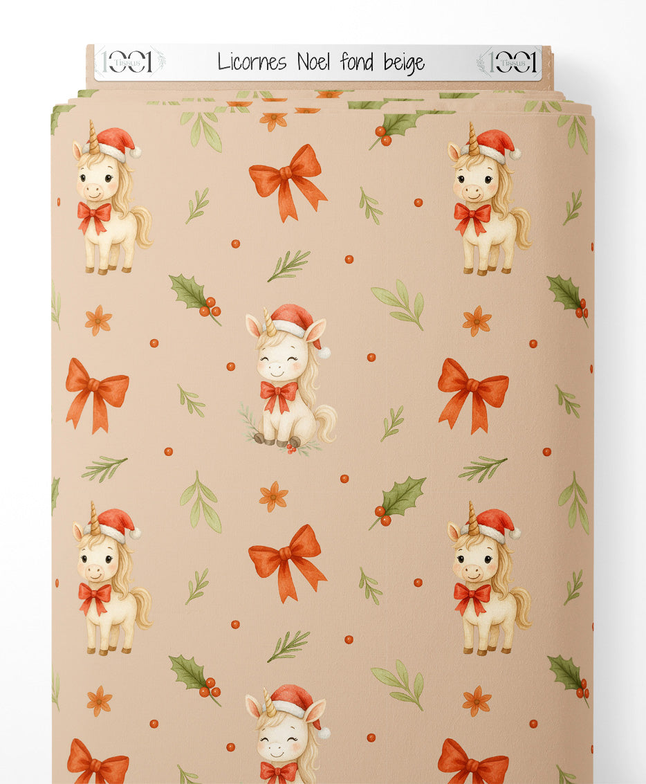 Tissu - Licornes Noël fond beige