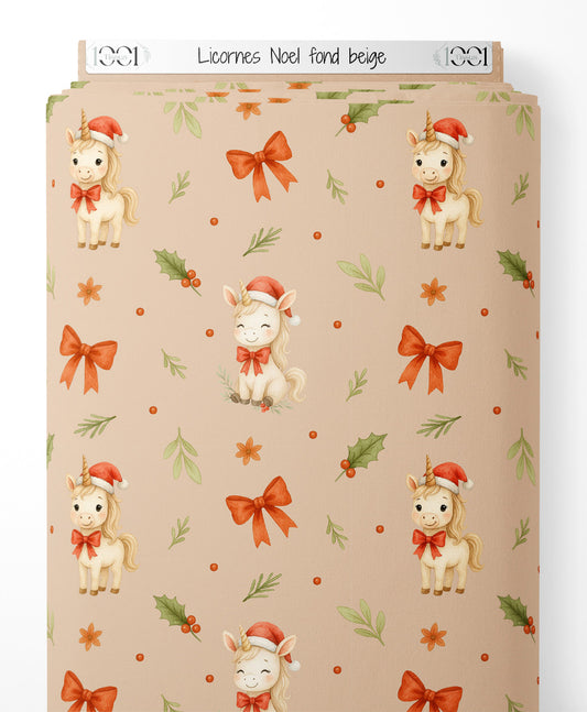 Tissu - Licornes Noël fond beige