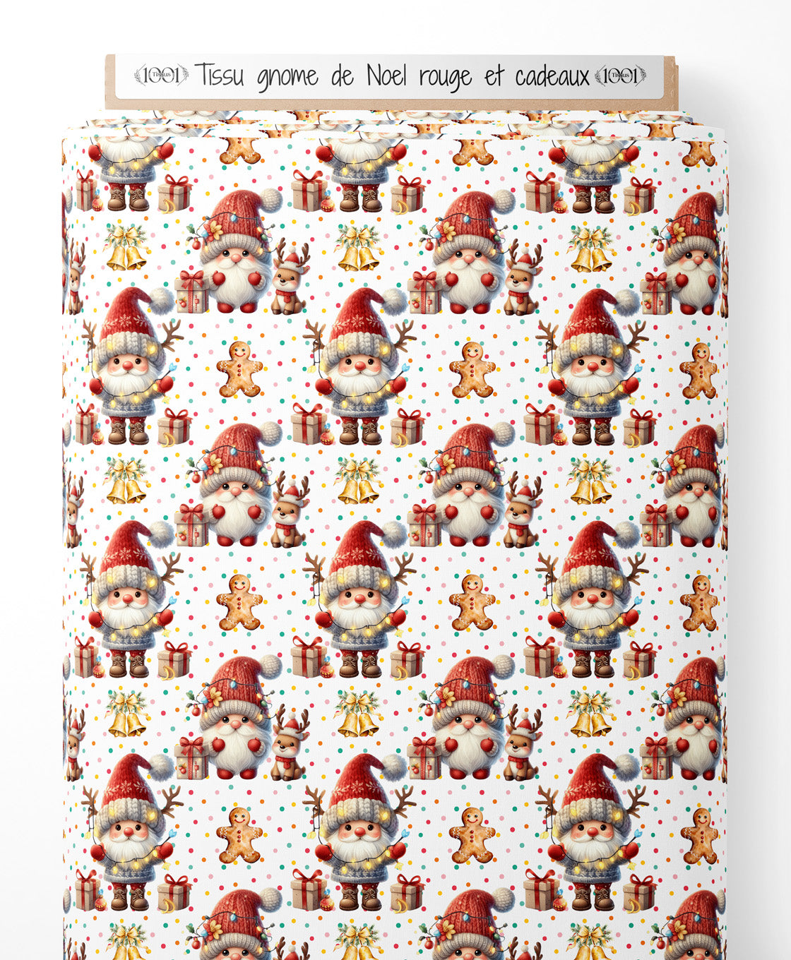 Tissu - gnome de Noel rouge et cadeaux