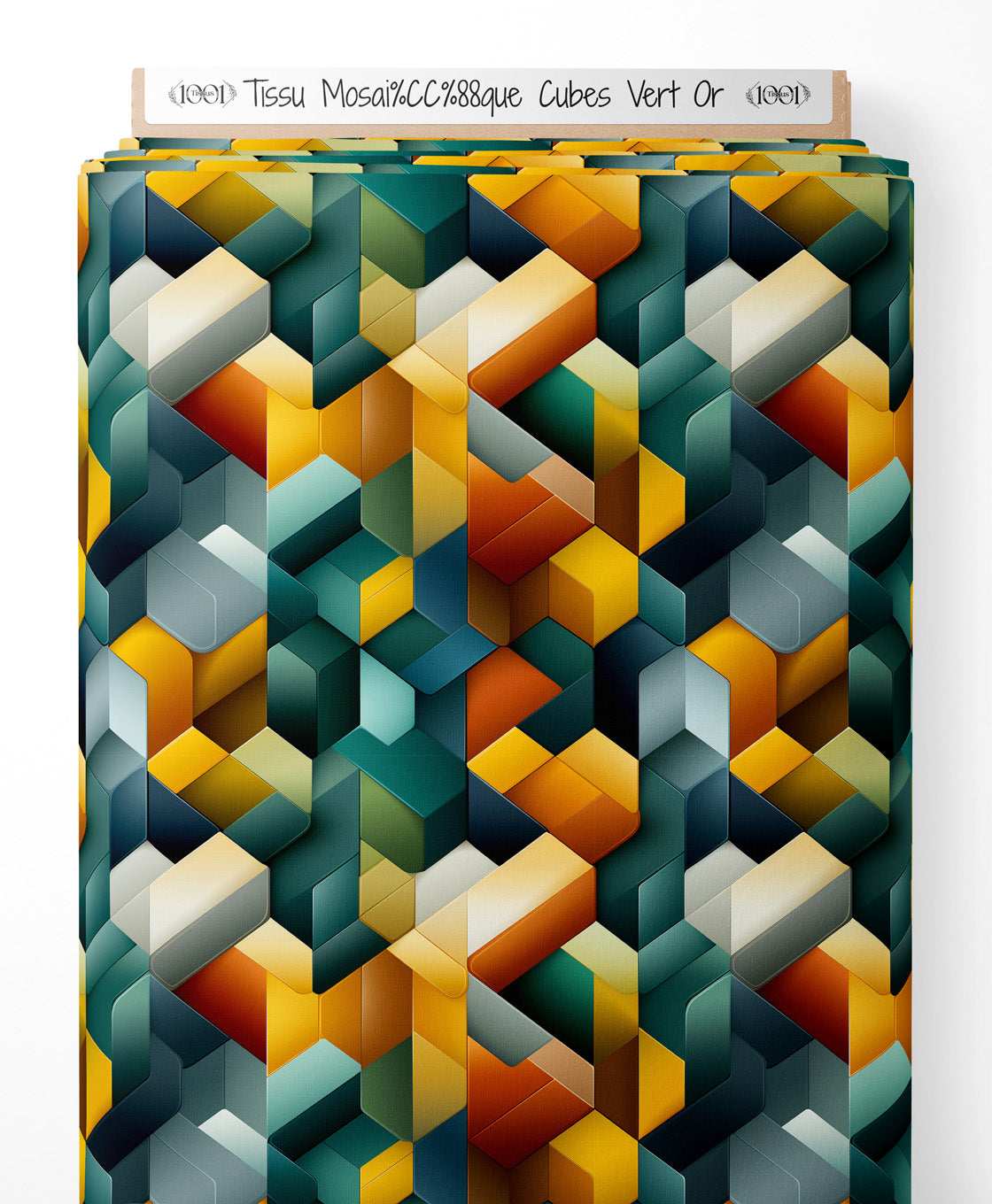 Tissu - Mosaïque Cubes Vert Or