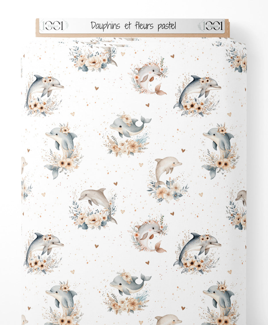 Tissu - Dauphins et fleurs pastel