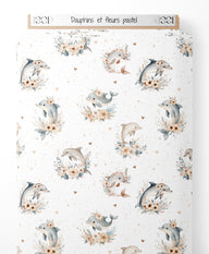 Tissu - Dauphins et fleurs pastel