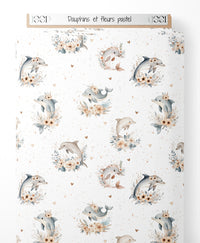Tissu - Dauphins et fleurs pastel