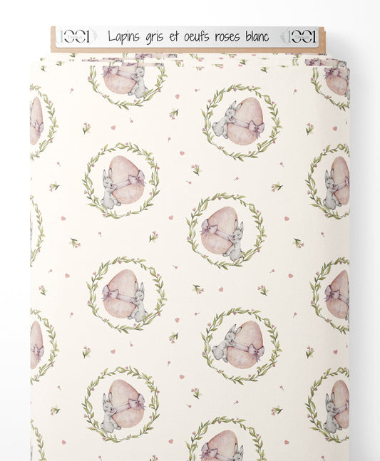 Tissu - Lapins gris et œufs roses blanc