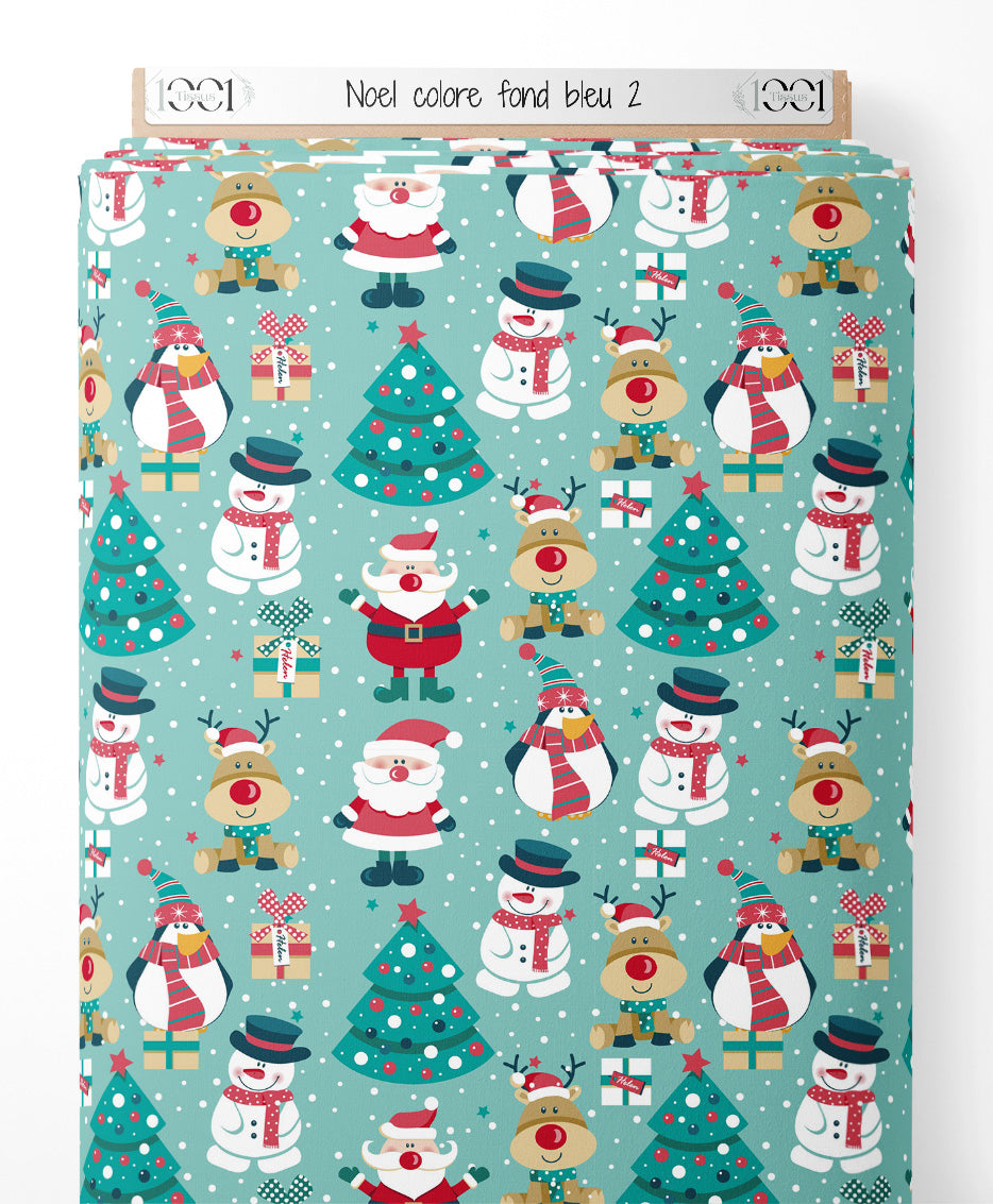 Tissu - Noël coloré sur fond bleu 2
