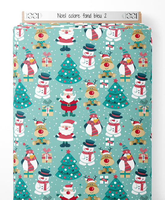 Tissu - Noël coloré sur fond bleu 2