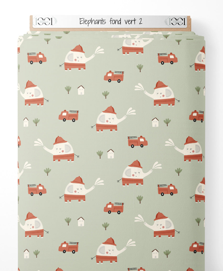 Tissu - Éléphants sur fond vert 2