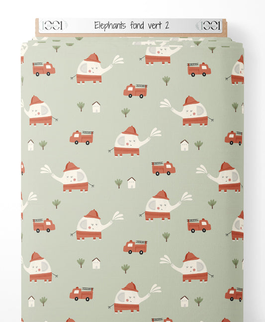 Tissu - Éléphants sur fond vert 2