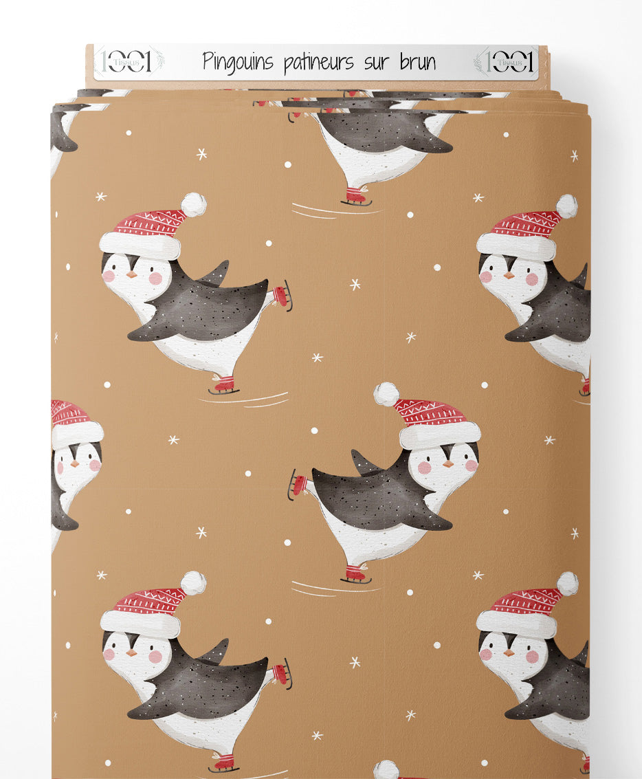 Tissu - Pingouins patineurs sur brun