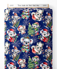 Tissu - koala de Noel fond bleu