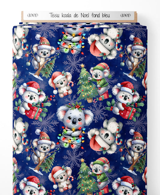 Tissu - koala de Noel fond bleu