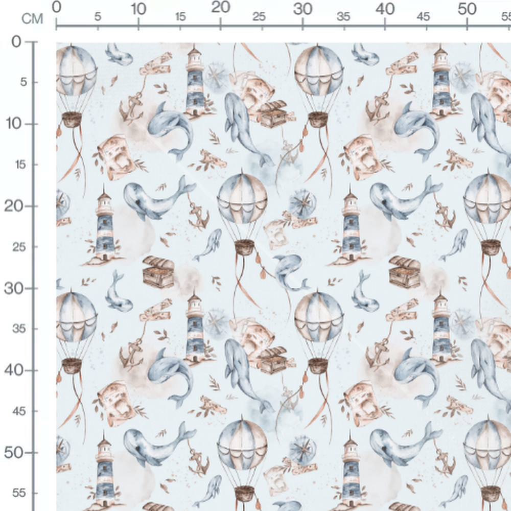 Tissu - Baleines et phares bleus