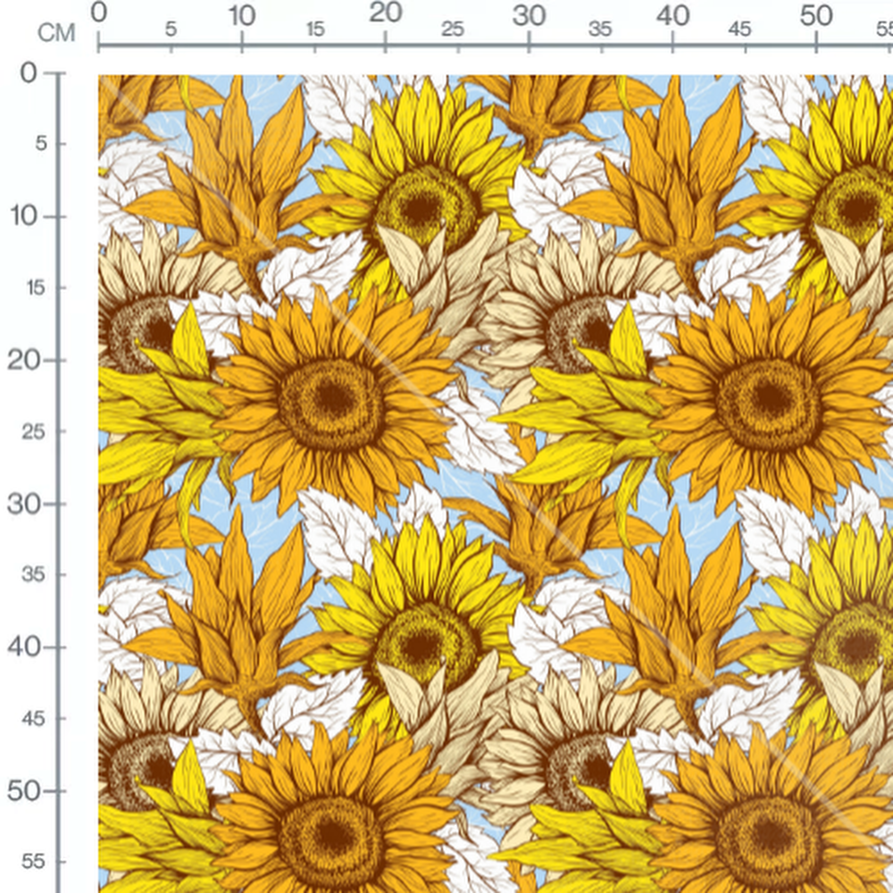 Tissu - Tournesols et feuilles blanches