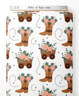 Tissu - Bottes et fleurs roses