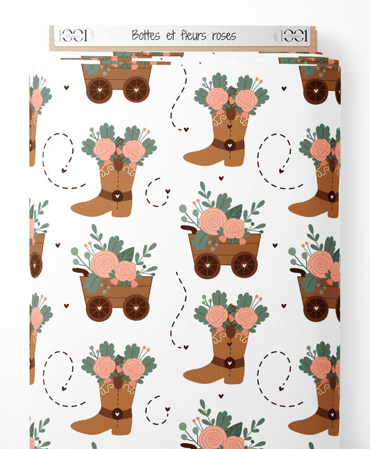 Tissu - Bottes et fleurs roses