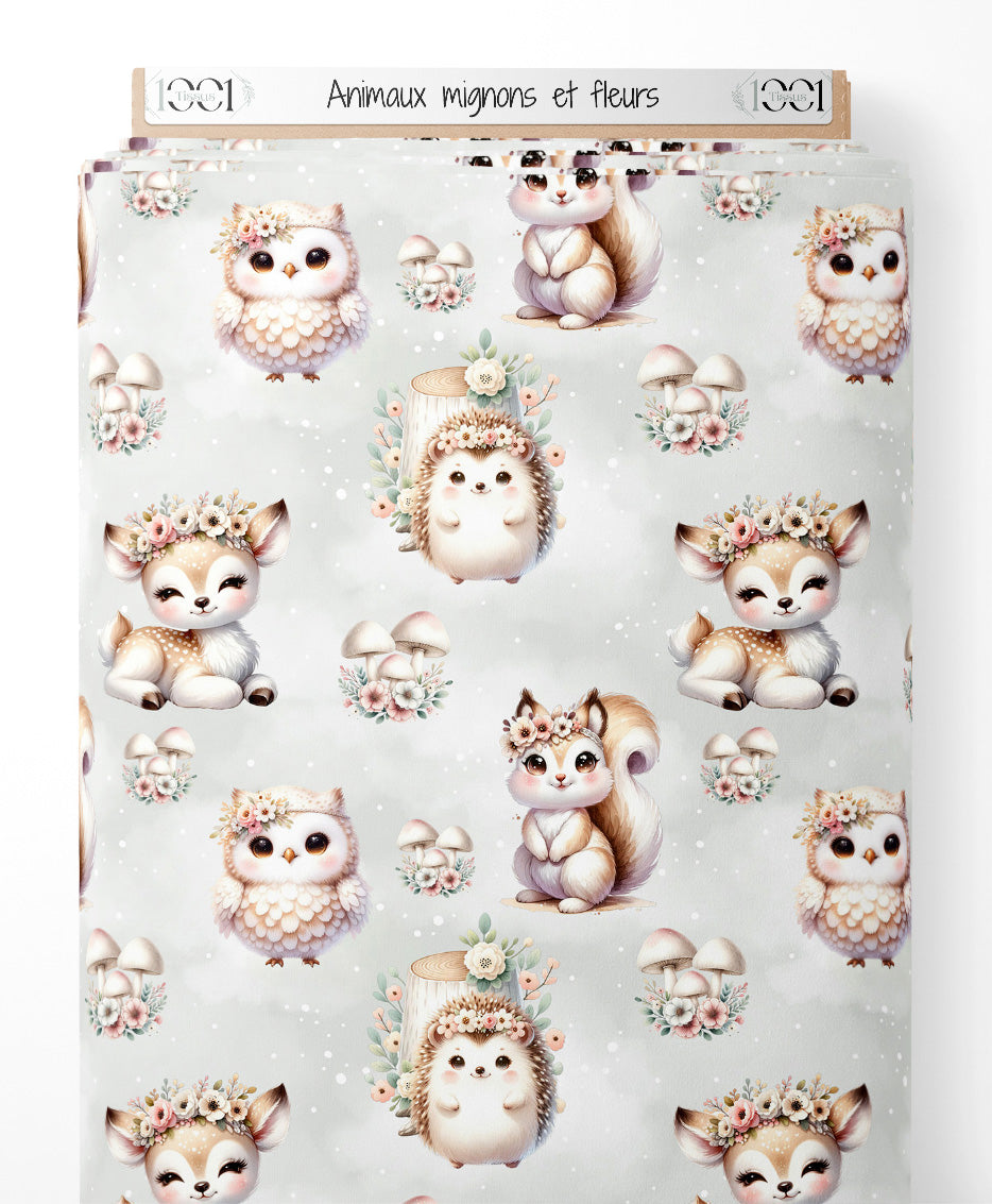 Tissu - Animaux mignons et fleurs