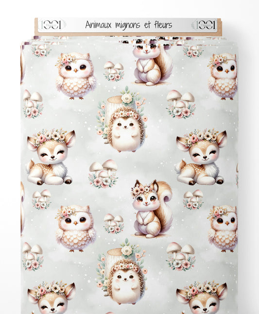 Tissu - Animaux mignons et fleurs