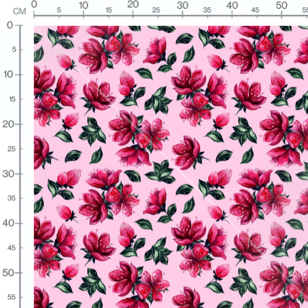 Tissu - Fleurs rouges sur fond rose