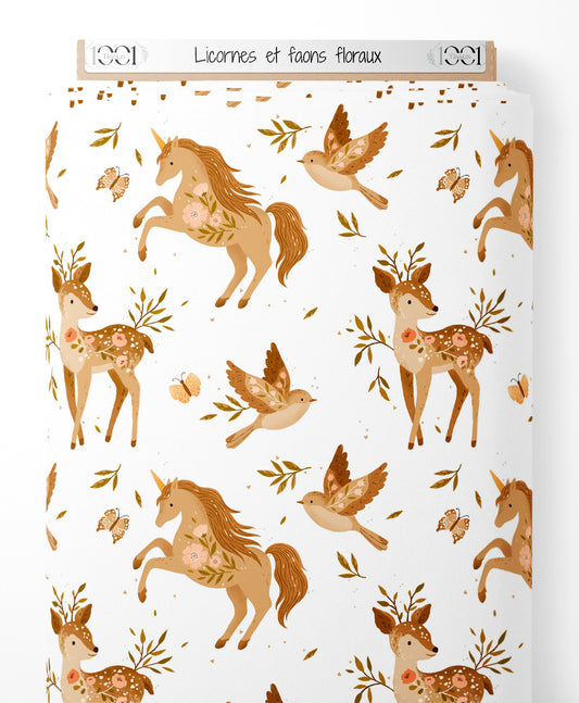 Tissu - Licornes et faons floraux