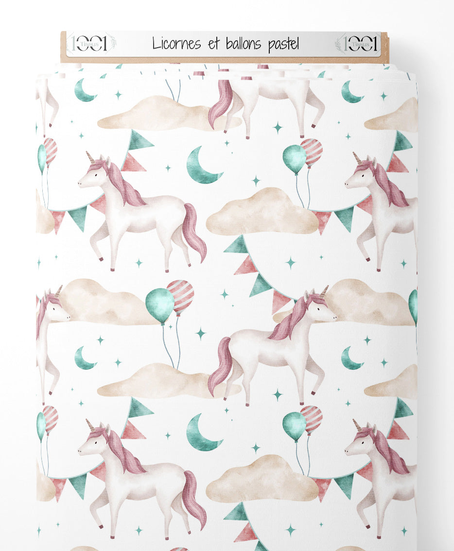 Tissu - Licornes et ballons pastel