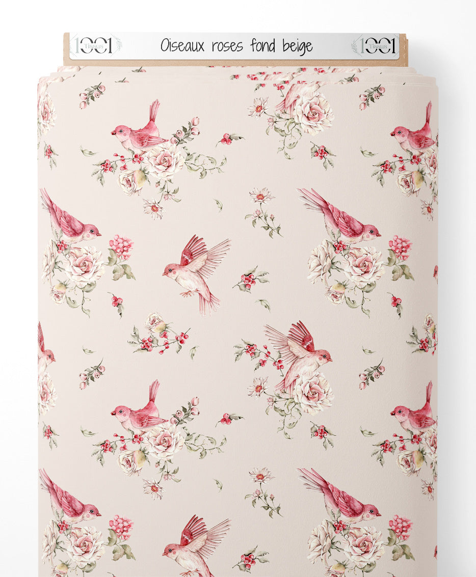 Tissu - Oiseaux roses sur fond beige