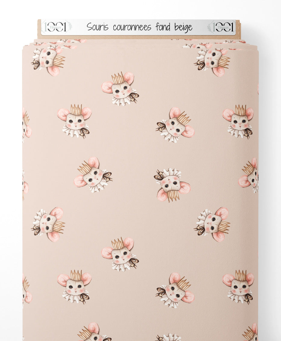 Tissu - Souris couronnées fond beige