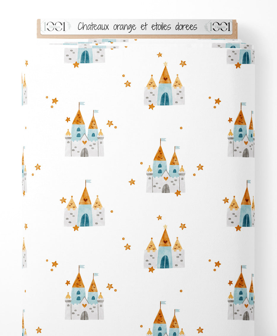 Tissu - Châteaux orange et étoiles dorées