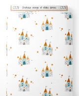 Tissu - Châteaux orange et étoiles dorées