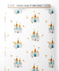 Tissu - Châteaux orange et étoiles dorées