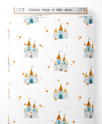 Tissu - Châteaux orange et étoiles dorées