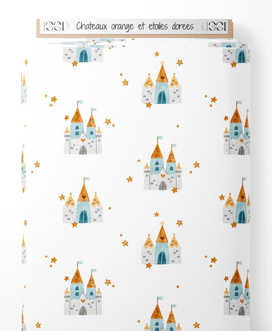 Tissu - Châteaux orange et étoiles dorées