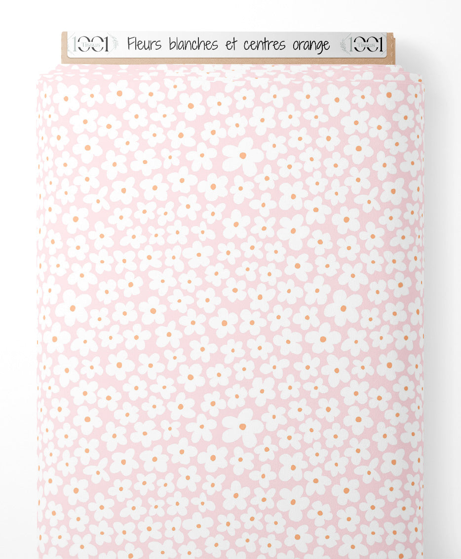 Tissu - Fleurs blanches et centres orange