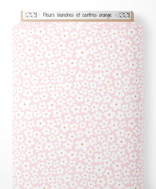 Tissu - Fleurs blanches et centres orange
