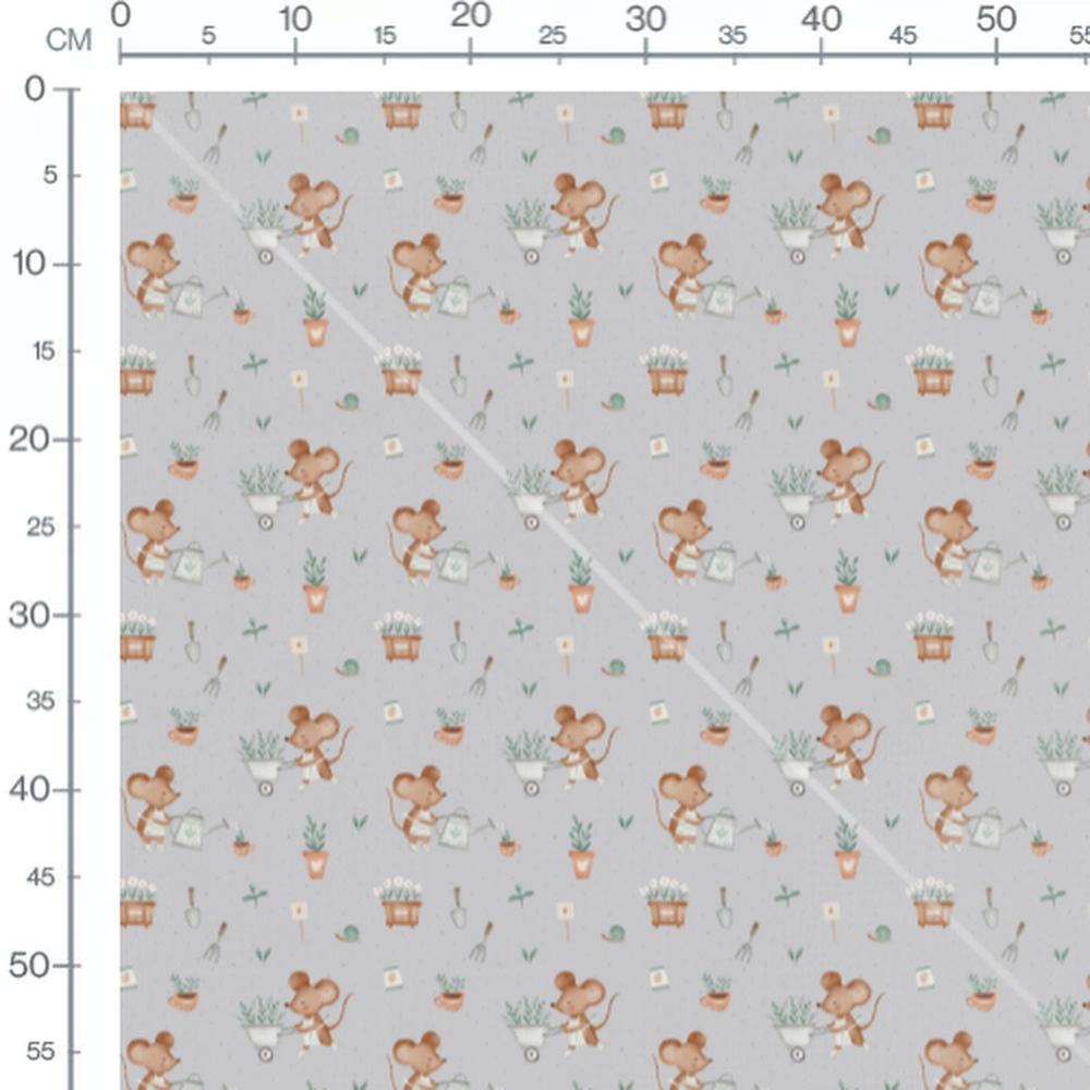 Tissu - Souris jardinières sur fond gris