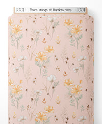 Tissu - Fleurs orange et blanches vives