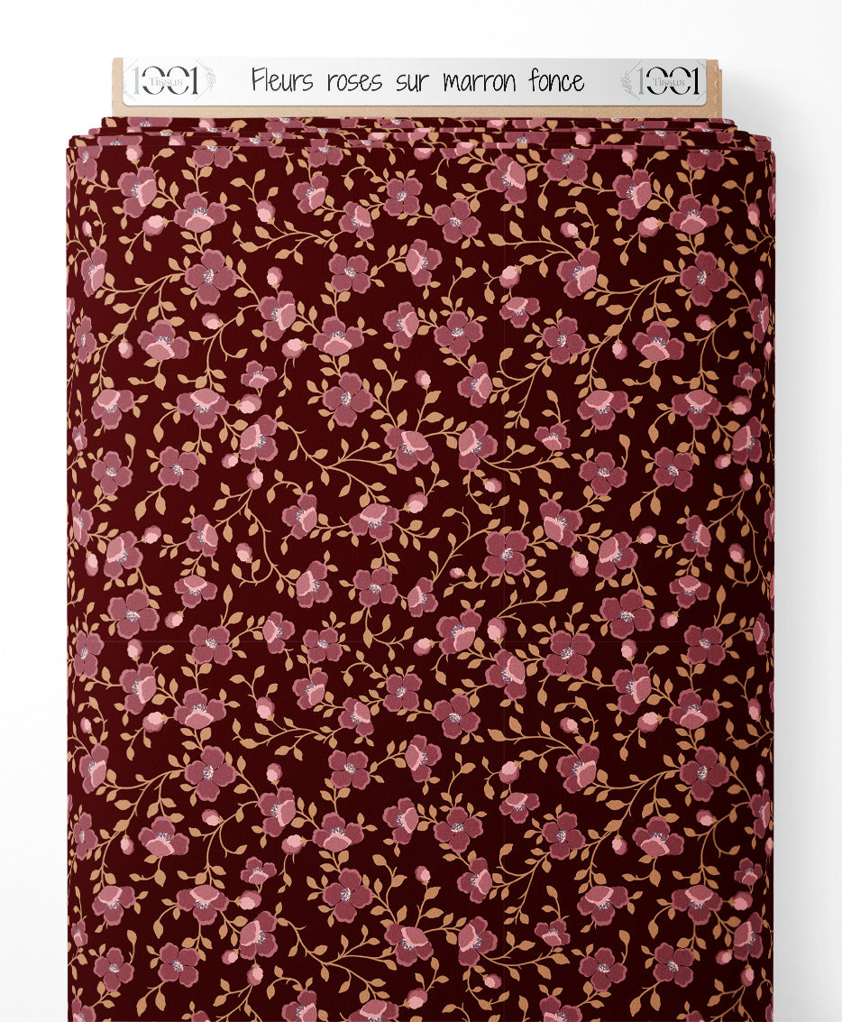 Tissu - Fleurs roses sur marron foncé