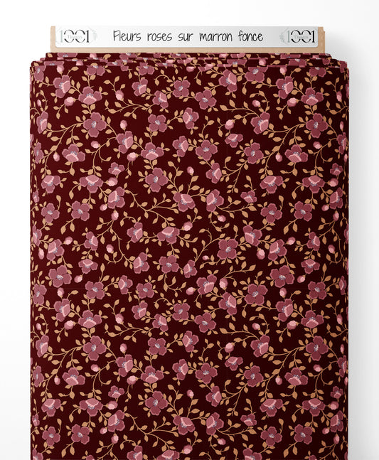 Tissu - Fleurs roses sur marron foncé