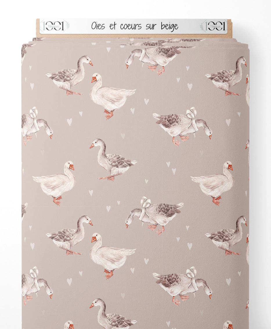 Tissu - Oies et cœurs sur beige