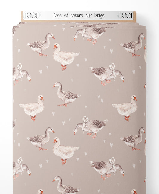 Tissu - Oies et cœurs sur beige